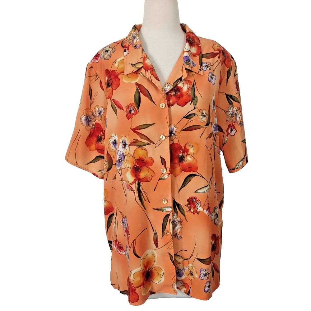 MAGGIE SWEET Blouse Size 2X Orange Floral Top Shirt Button Up Women Short Sleeve